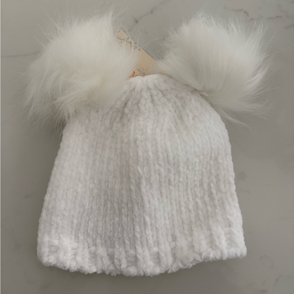 Kids White Double Pom Beanie Hat